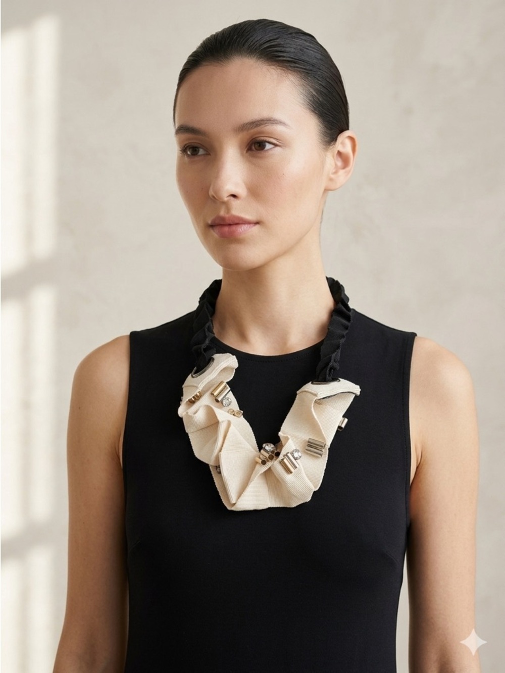3.1 Phillip Lim Black & Cream Ribbon Architectural Statement Bib Necklace